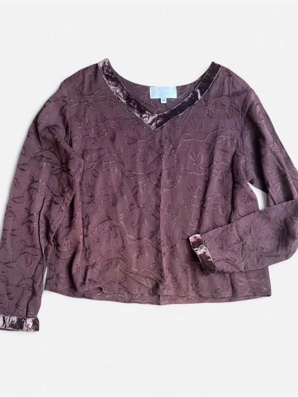 J Jill Vintage Boho Soft Girl 90s Brown Embroidered Foliage Velvet Trim Sz M